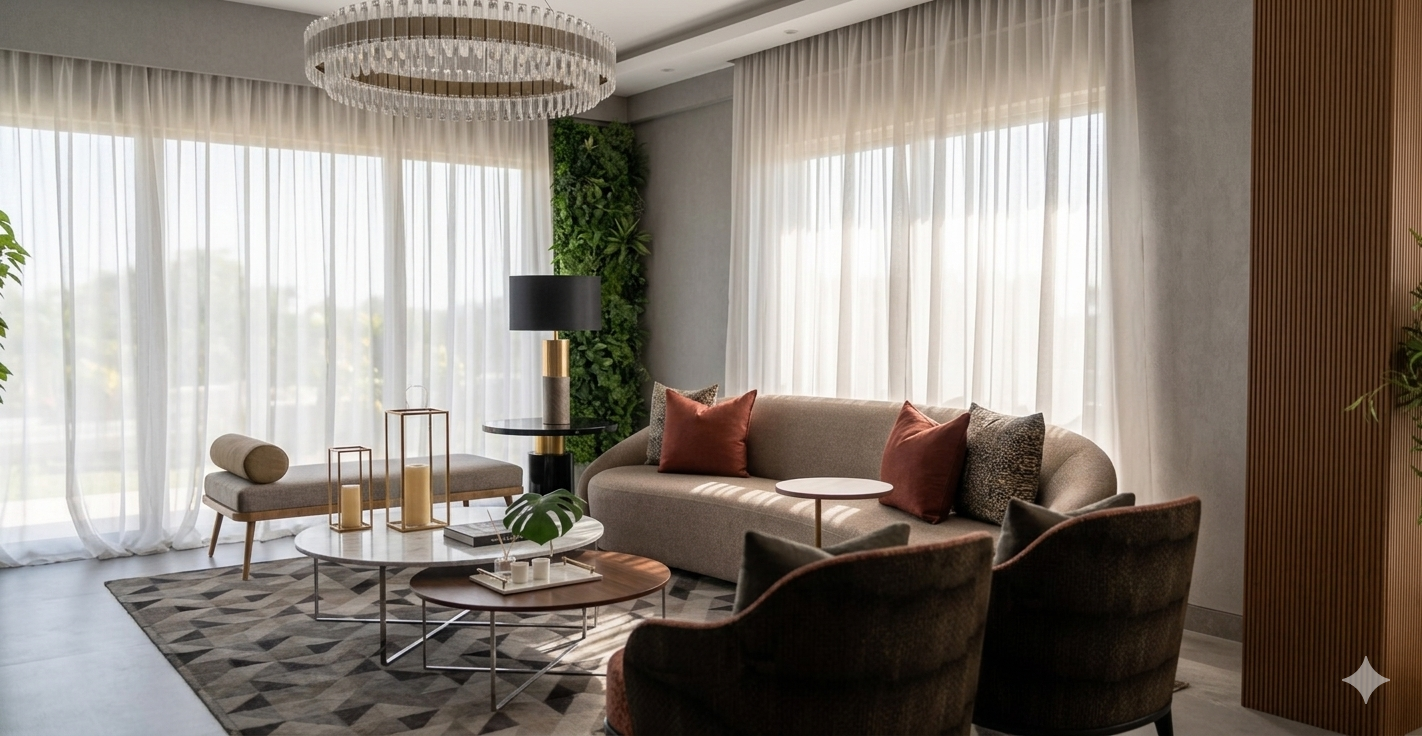 Interior render — warm living room, evening light